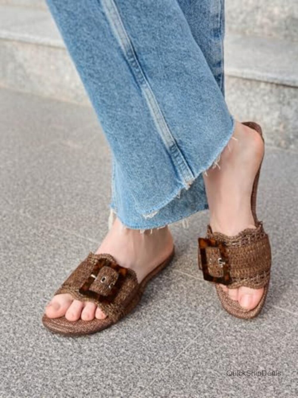 Woven Raffia Flat Sandals with Buckle - Square Open Toe Slide - Picture 3 of 7